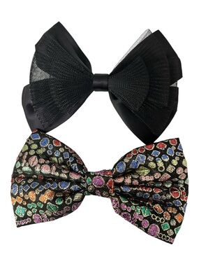 Pair of Vintage Black Mesh Metallic Jacquard Bows Barrettes Made in France